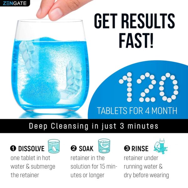 Retainer Cleaner Tablets - Quick 3-Minute Clean for Dentures, Mouth Guards, Aligners, and Night Guards - 120 Dental Cleansing Tablets - FSA HSA Approved Dental Appliance Cleanser