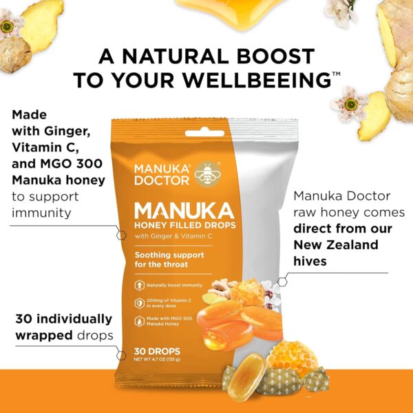 Manuka Doctor Cough Drops, Manuka Middles, 4.7 oz Throat Lozenges Infused with Raw Manuka Honey, Vitamin C & Ginger for Immune Support, Helps Soothe Sore Throat