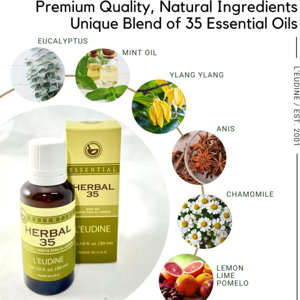 L'eudine Herbal 35 Essential Oil, Soothing and Calming Eucalyptus Essential Oil, Powerful Blend of up 35 Essential Oils for Aromatherapy & Wellness Support - 1fl oz