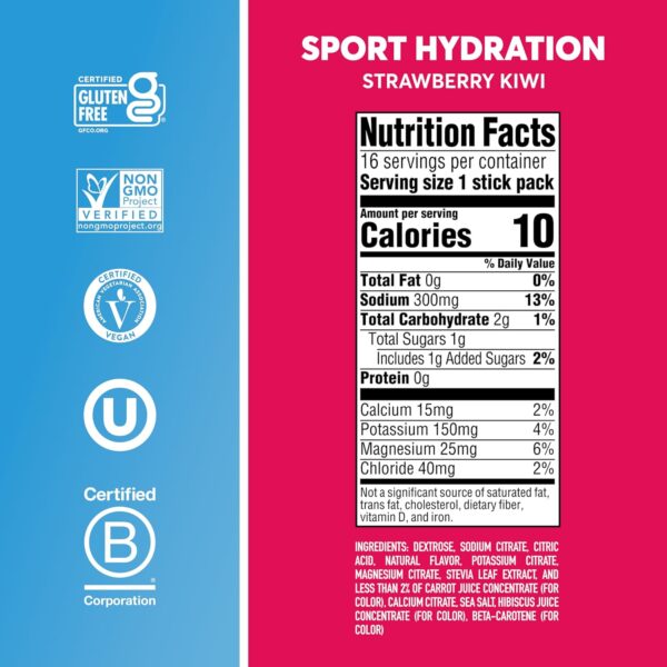 Nuun Sport Electrolyte Powder Packets - Strawberry Kiwi Flavor, 5 Essential Electrolytes for Hydration, Easy Open Drink Mix with Magnesium, 1g Sugar, Non GMO, Vegan, 16 Single Serving Sticks