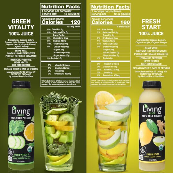 81-CzIw6QAL._SL1500_.jpg O2 Living Cold Pressed Health Juice – OrganicLow-Calorie Detox Cleanse Drink, Non-GMO, Nutrient-Packed Fruit & Vegetable Juice, Immunity Boosting Beverage – 40 Pack 5-Day Juice Fasting (12oz)