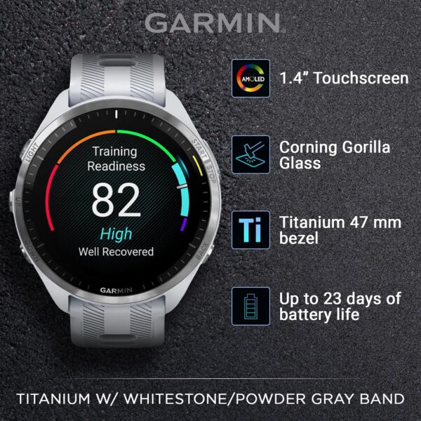 Wearable4U - Garmin Forerunner 965 Premium GPS Running and Triathlon 47mm Smartwatch with AMOLED Touchscreen Display, Titanium Bezel with Whitestone Silicone Band with Black Earbuds Bundle