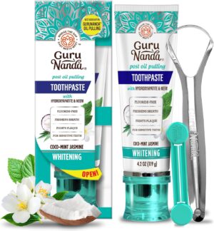 GuruNanda Hydroxyapatite Toothpaste, SLS & Fluoride Free, Whitening Toothpaste - Freshens Breath, Fights Plaque - Natural CocoMint Jasmine Neem, 4.2oz
