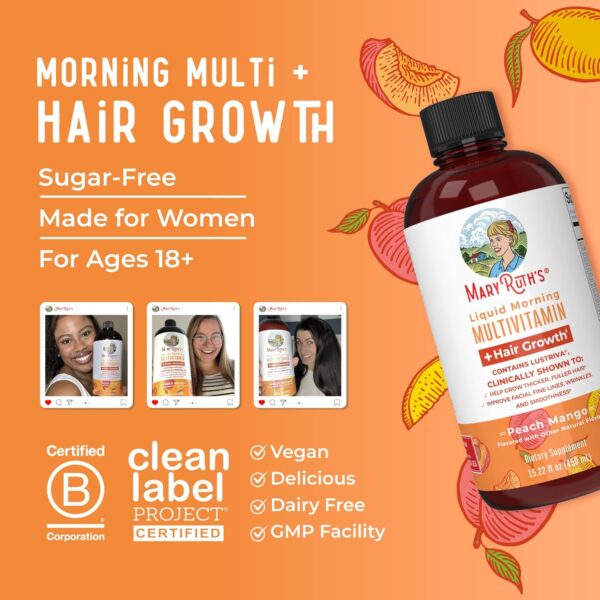 MaryRuth Organics Liquid Multivitamin Lustriva® Hair Growth for Women| Biotin 10000mcg | Vitamin D, B |Clinically Tested for Thicker Hair, Wrinkles, Fine Lines, Skin Care| Ages 18 | 15.22 Fl Oz