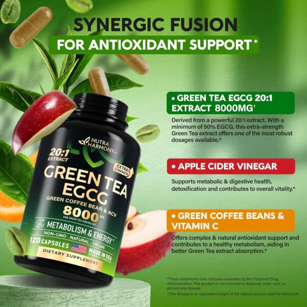 Green Tea Extract Capsules with Green Coffee Beans & Apple Cider Vinegar - Energy & Metabolism Support - Green Tea Supplement 50% EGCG - 20:1 Natural Extract - for Men & Women - 120 Vegan Capsules