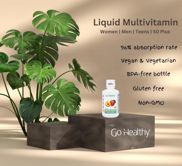 Go Healthy Liquid Multivitamin for Women, Men, Teens, 50 Plus – Vegan Vitamin & Mineral Supplement, Adult Energy & Immune Support, Easy-to-Absorb, Delicious Fruit Flavor – 32 Servings