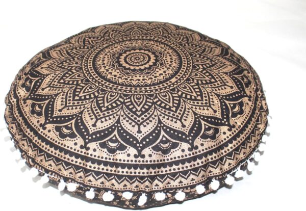 CRAFT KALA Boho Large Floor Pillow Pouf Cover Mandala Meditation Room Pillow Cover for Adults Round Bohemian Seating Pouf Cushion Cover for Kids Playroom 22" Black Gold Ombre