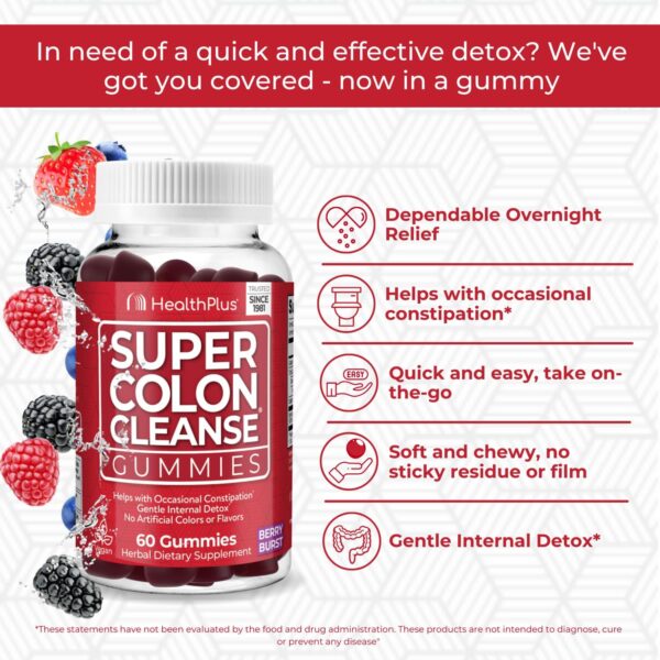 Health Plus Super Colon Cleanse Gummies, Natural Senna Leaf Extract, Gentle, Overnight Relief from Occasional Constipation, Dietary Supplement, Mixed Berry Flavor, 60 Count