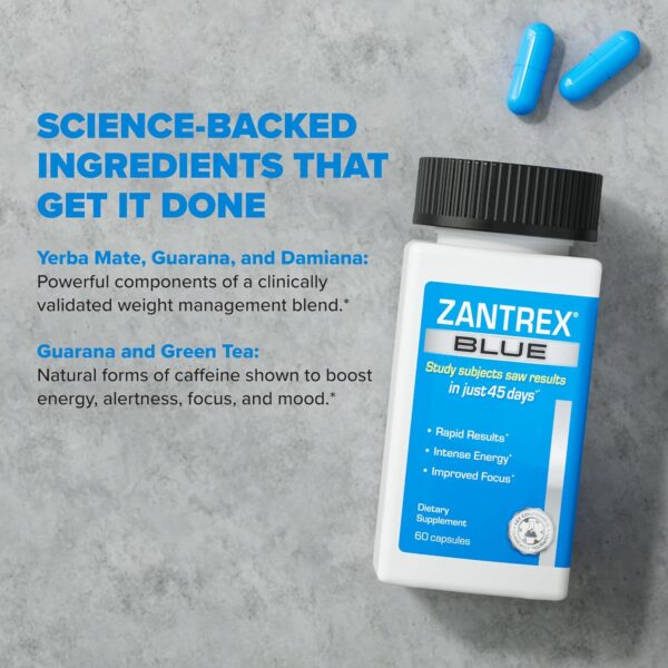 Zantrex Blue - Increase Energy, Boost Metabolism, Curb Cravings - 300MG Natural Caffeine - Yerba Mate, Damiana, and Guarana, 60 Count