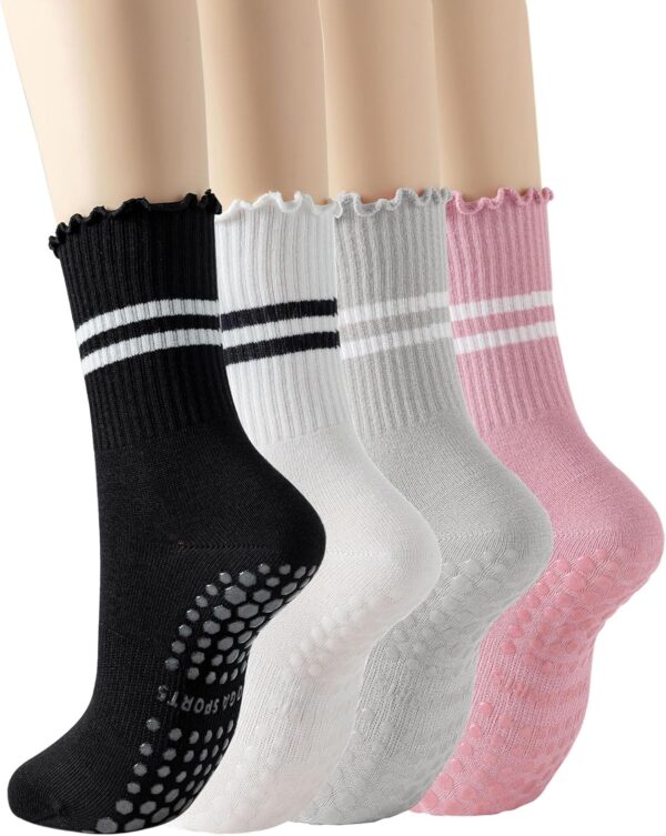 Yawlsow Pilates Socks for Women Cute Ruffle Yoga Socks Frilly Barre Non Skid Athletic Crew Grip Sticky Socks Workout Hospital