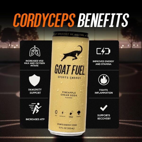 810QH71y16L._SL1500_.jpg G.O.A.T. Fuel Energy Drink, Natural Caffeine, Electrolytes, BCAAs, Cordyceps Mushrooms & Antioxidants, Lightly Carbonated Pre Workout & Sports Energy Drink, 12-Pack, 12 fl oz, Pineapple Cream Soda