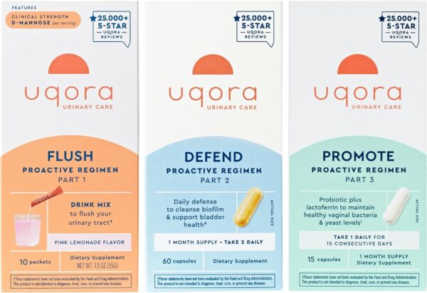 Uqora Complete Regimen with Flush, Defend & Promote - Urinary Tract Support with D-Mannose, Vitamin C, Green Tea Extract, Probiotics & More - Comprehensive Bladder Health Support* - 3-Part Bundle