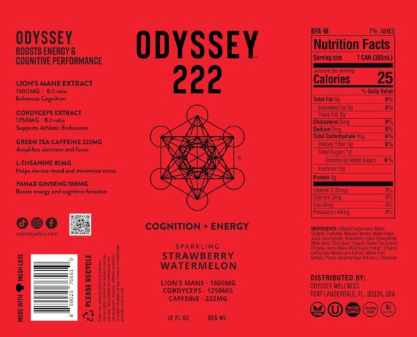 Odyssey Elixir - Odyssey 222 - Sparkling Energy Drink - 222 mg of Caffeine - Lion's Mane & Cordyceps - Energy & Focus - Endurance & Stamina - Nootropic - Pre Workout - Strawberry Watermelon