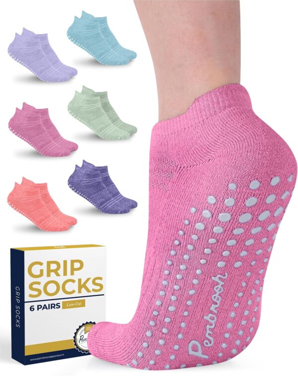 Pembrook Grip Socks - 6 Pairs Barre Socks with Grips for Women & Men | Non Slip Yoga Socks