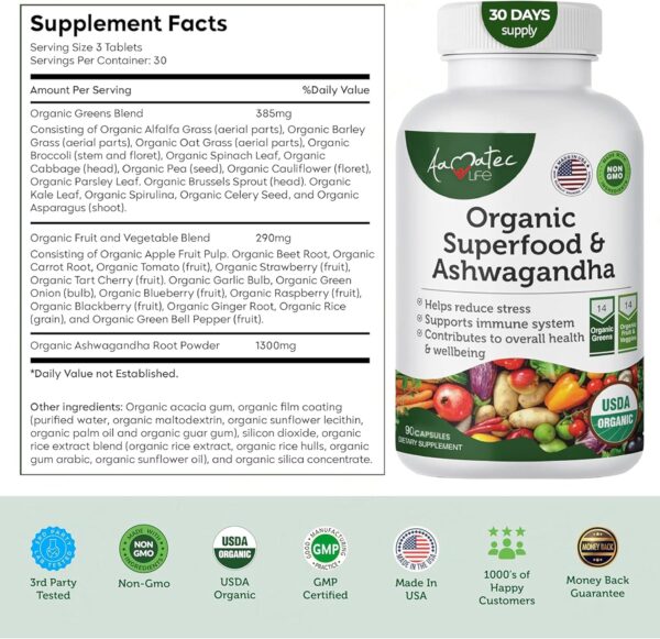 Organic Superfood Greens Fruits and Veggies Complex with Ashwagandha - 2 in 1 Supplement with 14 Greens Fruits & Vegetables with Ashwagandha Rich in Antioxidants - Non-GMO 90 Capsules