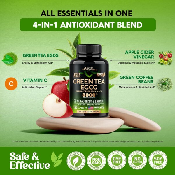 Green Tea Extract Capsules with Green Coffee Beans & Apple Cider Vinegar - Energy & Metabolism Support - Green Tea Supplement 50% EGCG - 20:1 Natural Extract - for Men & Women - 120 Vegan Capsules