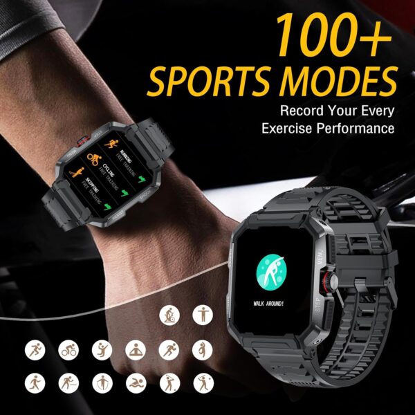 Rugged Smart Watch (Answer/Make Calls)Waterproof Smartwatches for Men Outdoor 1.85" Sports Fitness Tracker For Men with Heart Rate, Sleep Monitor with 100+ Sports Moeds for Android and iOS,47 Black