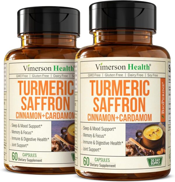 Turmeric Saffron Supplements with Cinnamon & Cardamom - Antioxidant Joint Support Supplement Contains Turmeric Curcumin with Black Pepper for Mood, Memory, Eye Health & Well-Being (Pack of 2)