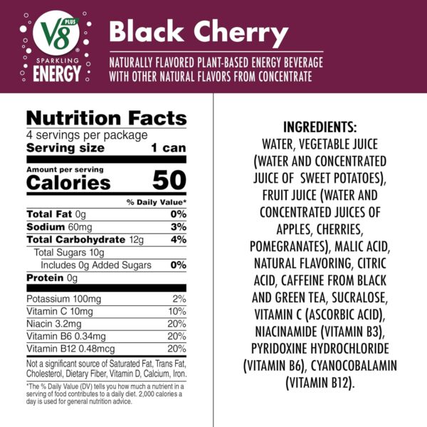V8 +SPARKLING ENERGY Black Cherry Energy Drink, Made with Real Vegetable and Fruit Juices, 11.5 FL OZ Can 4 Count (Pack of 6)