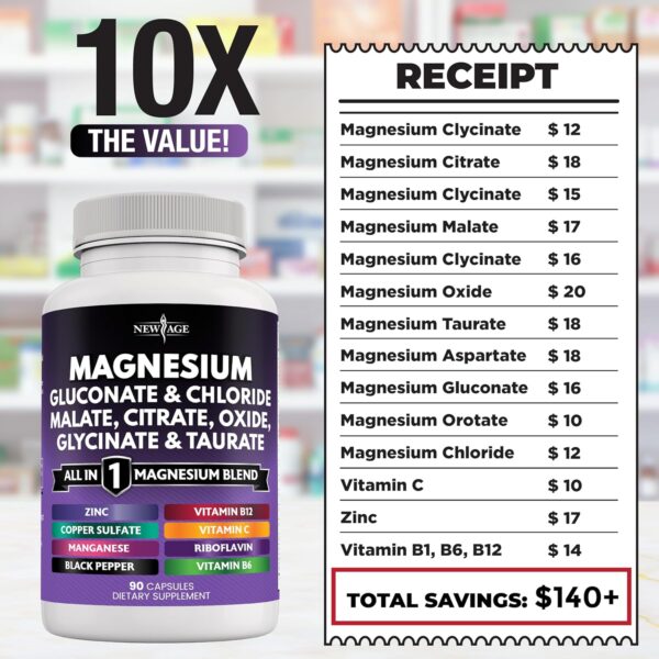 NEW AGE Magnesium Supplement -Powerful Glycinate Citrate Malate Oxide Taurate Aspartate Gluconate Orotate & Mag Chloride Manganese Bone Health and Bone Strength, Joint Support- 180 Count