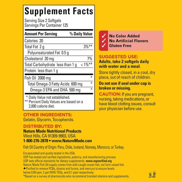 Nature Made Fish Oil 1000 mg Softgels, Fish Oil Supplements, Omega 3 Fish Oil for Healthy Heart Support, Omega 3 Supplement with 250 Softgels, 125 Day Supply