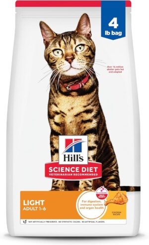 Hill's Science Diet Light, Adult 1-6, Weight Management Support, Dry Cat Food, Chicken Recipe, 4 lb Bag