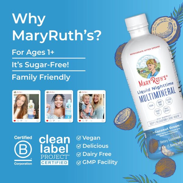 MaryRuth Organics Liquid Nighttime Multimineral Sleep Supplement | Sugar Free | Calm Magnesium Citrate| Calcium Magnesium Zinc | Available in 4 Flavors | Vegan | Gluten Free | 32 Servings