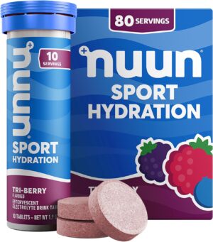 Nuun Sport Electrolyte Tablets - Dissolvable in Water, Tri Berry, 5 Essential Electrolytes for Hydration, 1g Sugar Drink Mix, Vegan, Non-GMO, 8 Pack (80 Total Servings)