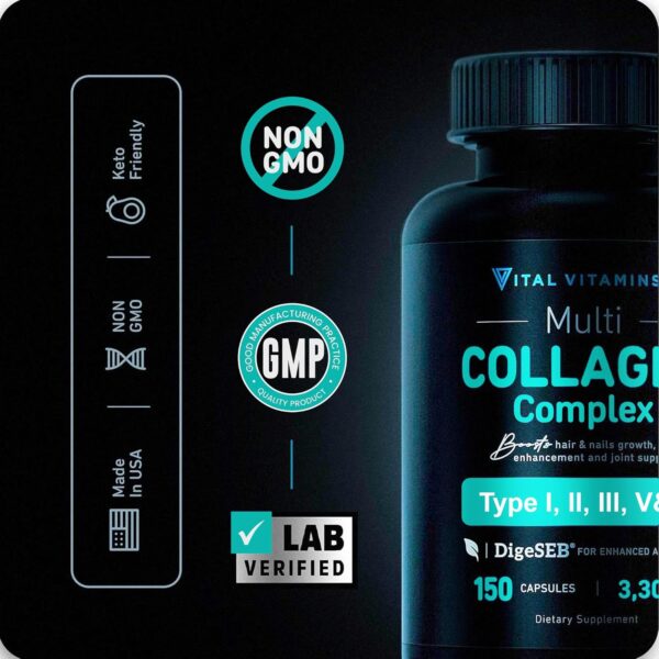 Vital Vitamins Multi Collagen for Women & Men (2-Pack) - Type I, II, III, V, X - Grass Fed, Non-GMO - 300 Capsules