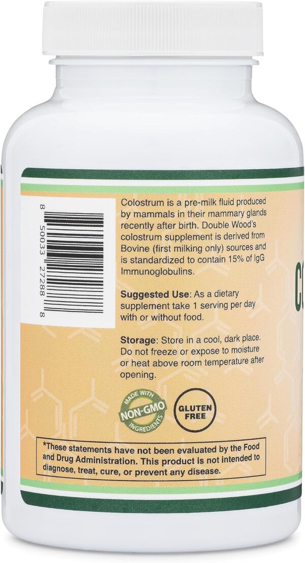 Colostrum Supplement 120 Capsules, 1,000mg per Serving (Bovine Colostrum Powder from First Milking Only, Std. to Contain 15% IgG Immunoglobulins) No Fillers, Third Party Tested by Double Wood