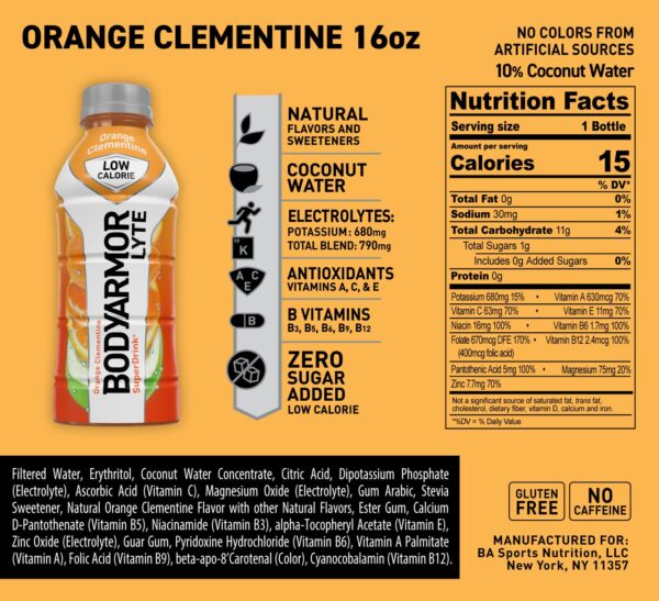 BODYARMOR LYTE Sports Drink Low-Calorie Sports Beverage, Orange Clementine - Orange Citrus, Coconut Water Hydration, Natural Flavors With Vitamins, Potassium-Packed Electrolytes, Perfect For Athletes, 16 Fl Oz (Pack of 12)