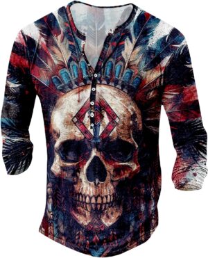 Mens Henley Shirts Graphic V Neck Long Sleeve Pullover Shirts 8Pcs Buttons Up Vintage Hippie Streetwear Tees Top