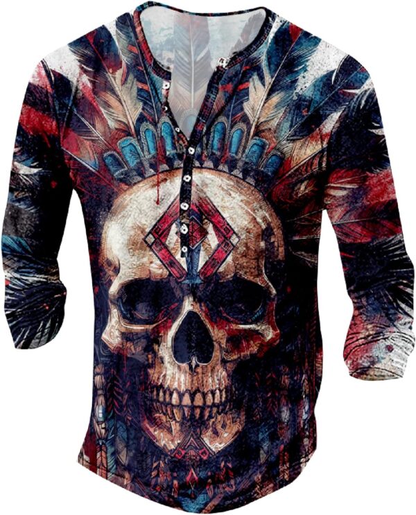 Mens Henley Shirts Graphic V Neck Long Sleeve Pullover Shirts 8Pcs Buttons Up Vintage Hippie Streetwear Tees Top