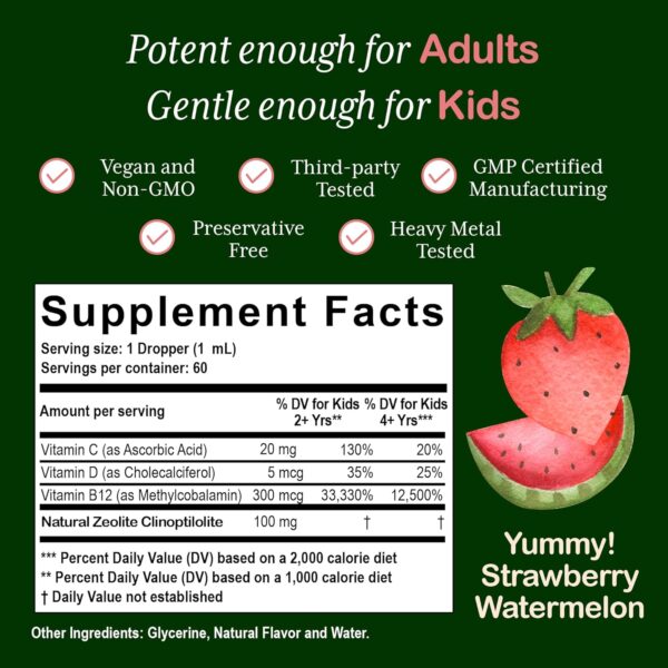 Zeolite Detox for Kids | Heavy Metal Detox | Methyl Vitamin B12, C and D3 for added Energy, Immune, and Focus | 2 oz liquid drops (60 Servings) | Parasite Cleanse | No Preservatives, Vegan, Non-GMO