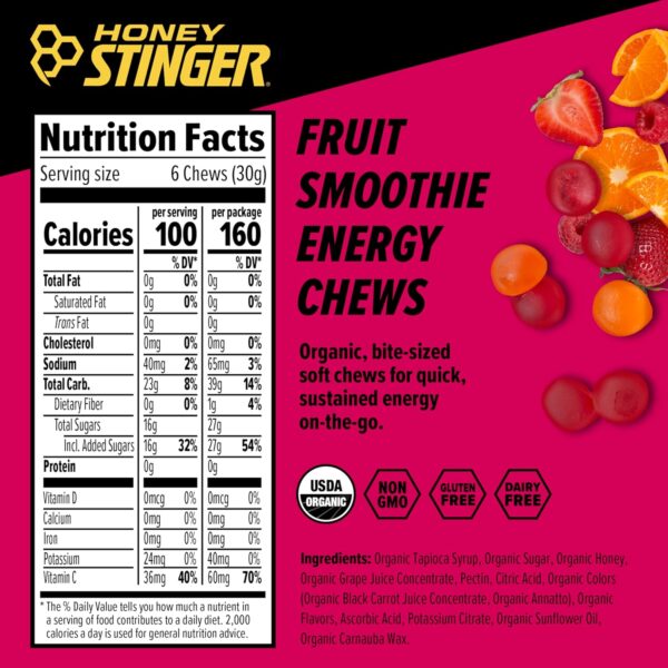 811xC2NLfVL._SL1500_.jpg Honey Stinger Organic Fruit Smoothie Energy Chew | Gluten Free & Caffeine Free | for Exercise, Running and Performance | Sports Nutrition for Home & Gym, Pre and Mid Workout | 12 Pack, 21.6 Ounce
