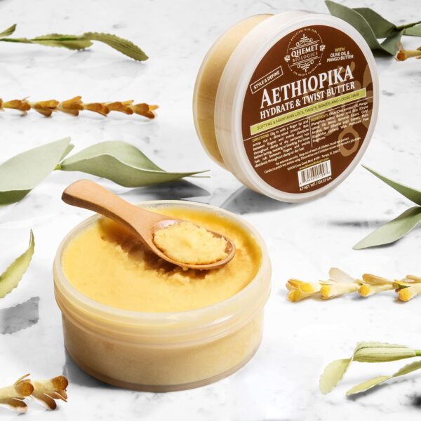 Qhemet Biologics Aethiopika Hydrate & Twist Butter - Frizz-Free Styling Butter Adds Flexible Definition to High & Low Porosity Hair - Smooth Edges, Soften & Flatten Locs, Twists & Braids (4.7 oz)