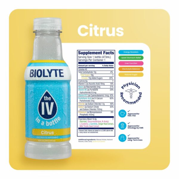 BIOLYTE Electrolyte Drink - Hydration Drink, Medical-Grade Flavored Water with Electrolytes, Sports Drinks, Liquid Energy & Rehydration, IV in a Bottle - Citrus, 16 Fl Oz (12 Pack)