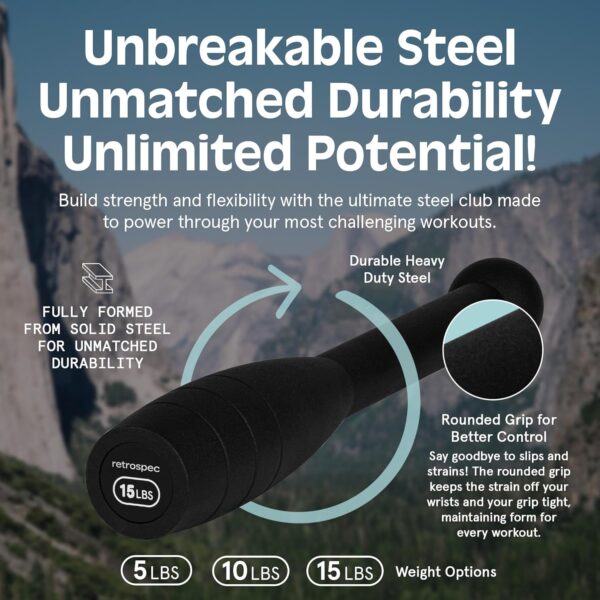 Retrospec Grip Steel Club Strength Training, Rehabilitation, Stretching, Conditioning and Rotational Training - 5, 10, 15lb Options for Women & Men