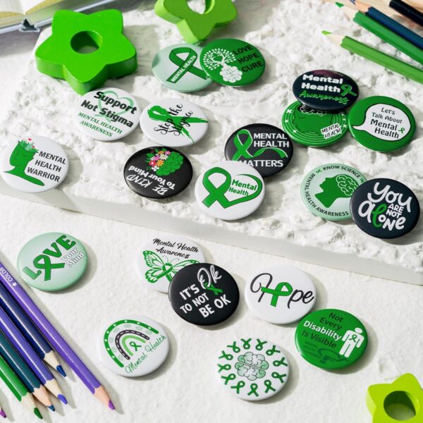 Mental Health Awareness Button Pins Green Ribbon Round Badges, Mental Health Awareness Month Brooch Pin, Mental Health Awareness Decoration Supplies, Clothing Bag Hat Accessories