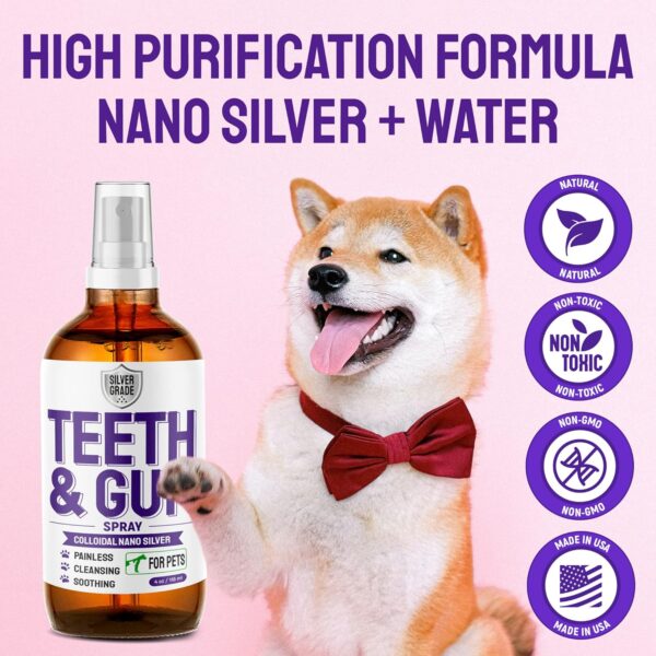 SILVER GRADE Teeth & Gum Spray for Pets – Dental Formula for Dog Mouth Rinse & Cat Mouth Care – Dog Fresh Breath, Clean Teeth, No Pain Or Burning – Plaque and Tartar Remover (4 Oz)