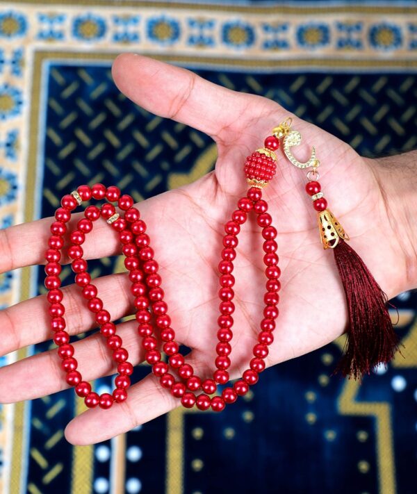 TB Muslim Prayer Rug, Islamic, Velvet Mat Ramadan Gift, with Prayer Bead Unique Decoration Gilded Gold-Like Embroidered for Women Man Kids Meditation Turkish African (Claret Red)