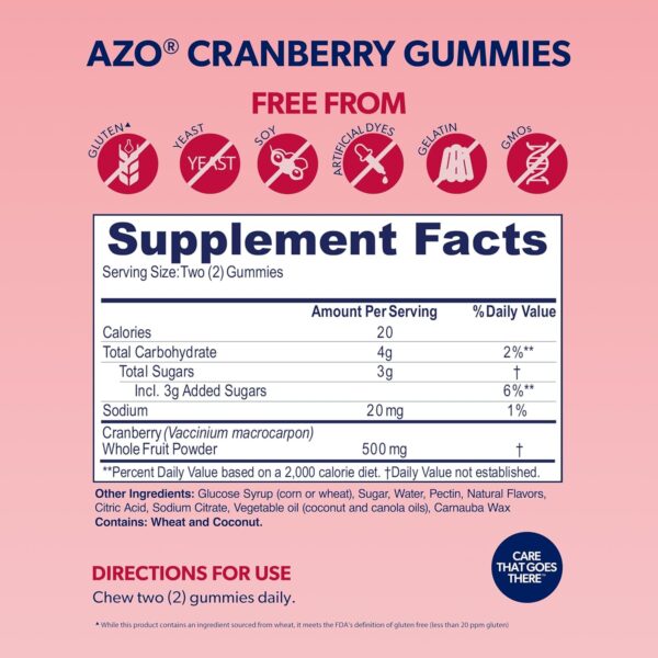 AZO Cranberry Urinary Tract Health Gummies Dietary Supplement, 2 Gummies = 1 Glass of Cranberry Juice, Helps Cleanse & Protect, Natural Berrylicious Flavor, Non-GMO, 72 Gummies