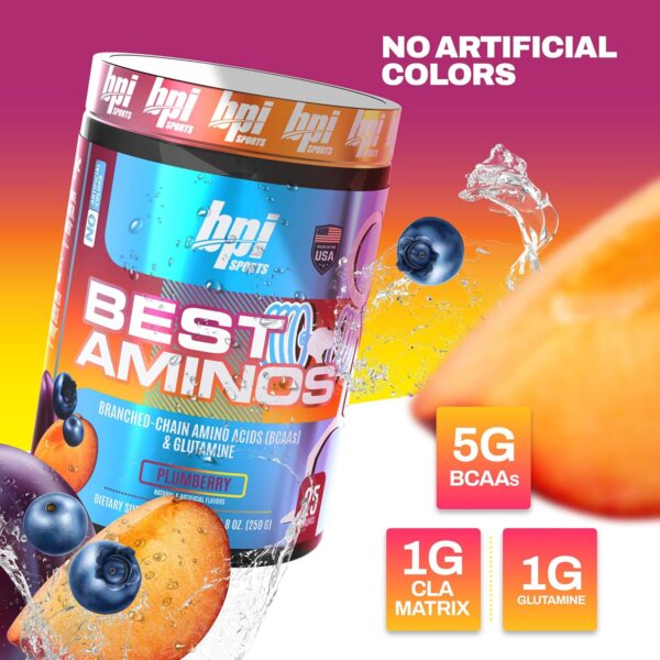 BPI Sports BCAA Powder - Best Aminos, Post Workout Recovery Drink with Glutamine, Branched Chain BCAAs Amino Acids, Hydration & Recovery, 25 Servings, Plumberry Flavor