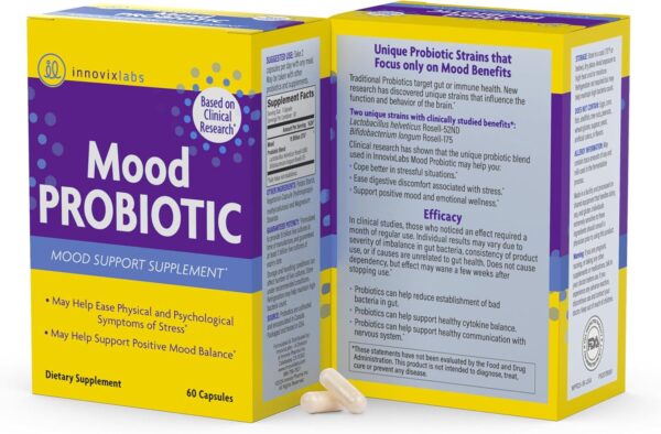 InnovixLabs Mood Probiotic Supplement - Clinically Studied Digestive & Mood Probiotics for Women and Men with Lactobacillus helveticus Rosell-52ND & Bifidobacterium longum Rosell-175, 60 Capsules