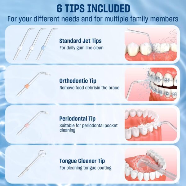 Cordless Water Dental Flosser for Teeth - 350ML Portable and Rechargeable Oral Irrigator with 5 Modes 6 Replaceable Tips - IPX7 Waterproof Powerful Battery Life Water Dental Picks for Travel Home Use