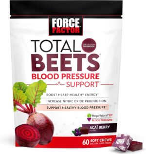 Force Factor Total Beets Blood Pressure Support Supplements with Beet Powder, Great-Tasting Beets Chewables for Heart-Healthy Energy, and Increased Nitric Oxide, 60 Chews