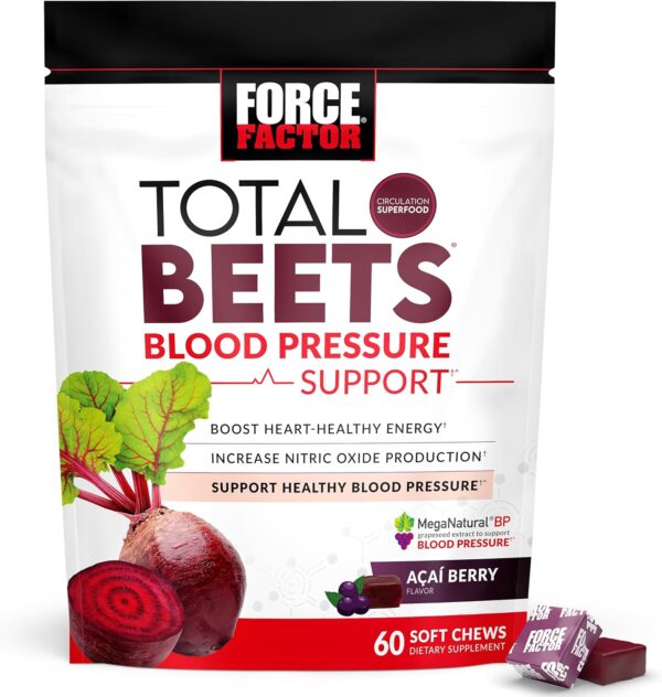 Force Factor Total Beets Blood Pressure Support Supplements with Beet Powder, Great-Tasting Beets Chewables for Heart-Healthy Energy, and Increased Nitric Oxide, 60 Chews