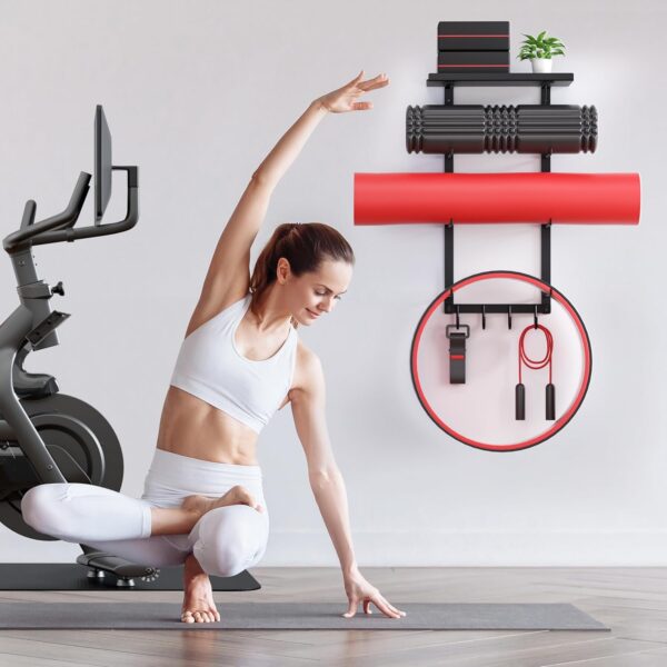 Yoga Mat Holder Wall Mount, Yoga Accessory Mat Storage Rack, Home Gym Accessories Organizer, Floating Shelf and Hooks for Hanging Foam Roller/Band/Workout Equipment at Pilates Fitness Class