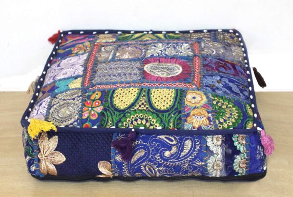 CRAFT KALA Indian Square Patchwork Traditional Pouf Cover Indian Living Room Poufs Decorative Embroidered Designer Ottoman Home Living Footstool Chair Cover Decor Pillow Cover 22x22x5 inches, Blue