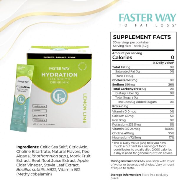 Faster Way - Hydration - Electrolyte Drink Mix- Lemon Lime Flavor with Apple Cider Vinegar, Choline for Brain & Probiotics for Gut Health - 30 Counts